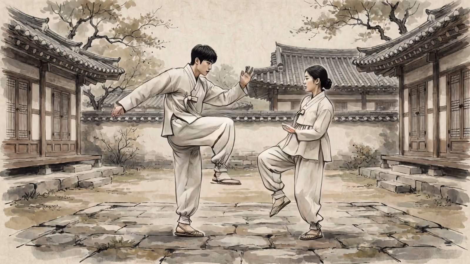 한옥 마당에서 고의적삼을 입은 남자가 발을 머리 높이까지 시원하게 뻗어차고, 여자가 상체를 크게 젖혀 흘려보낸다