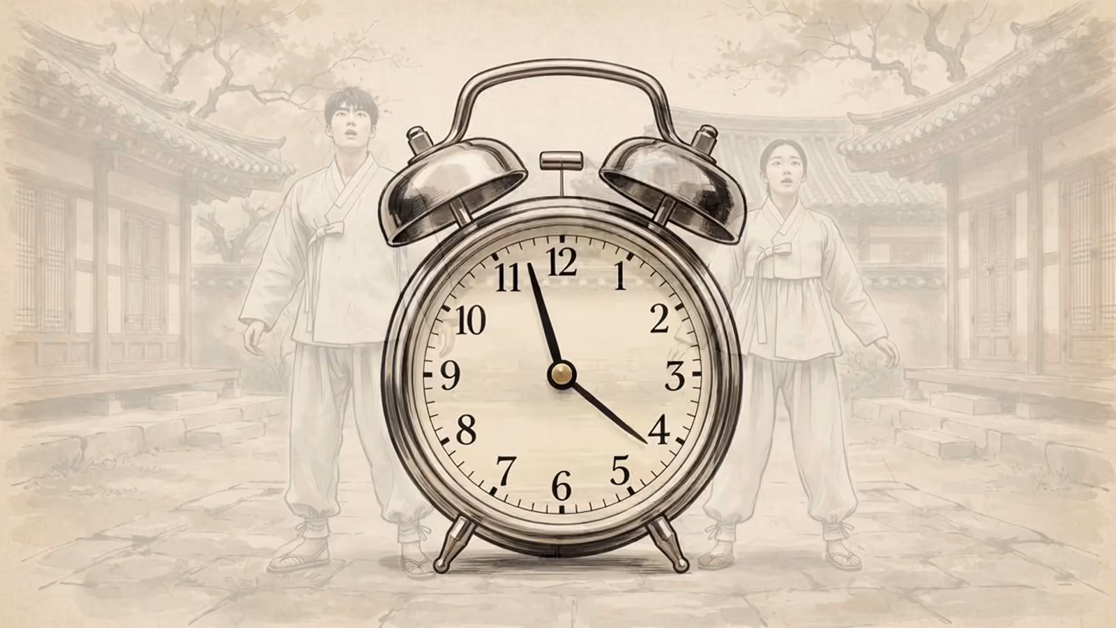 자명종이 화면 가득 울리며 종과 망치가 떨린다